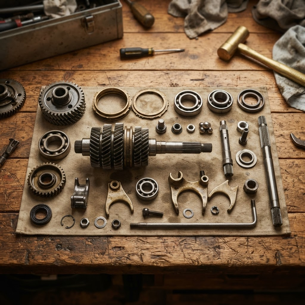 Vintage car mechanical and gearbox parts arranged on a workbench
