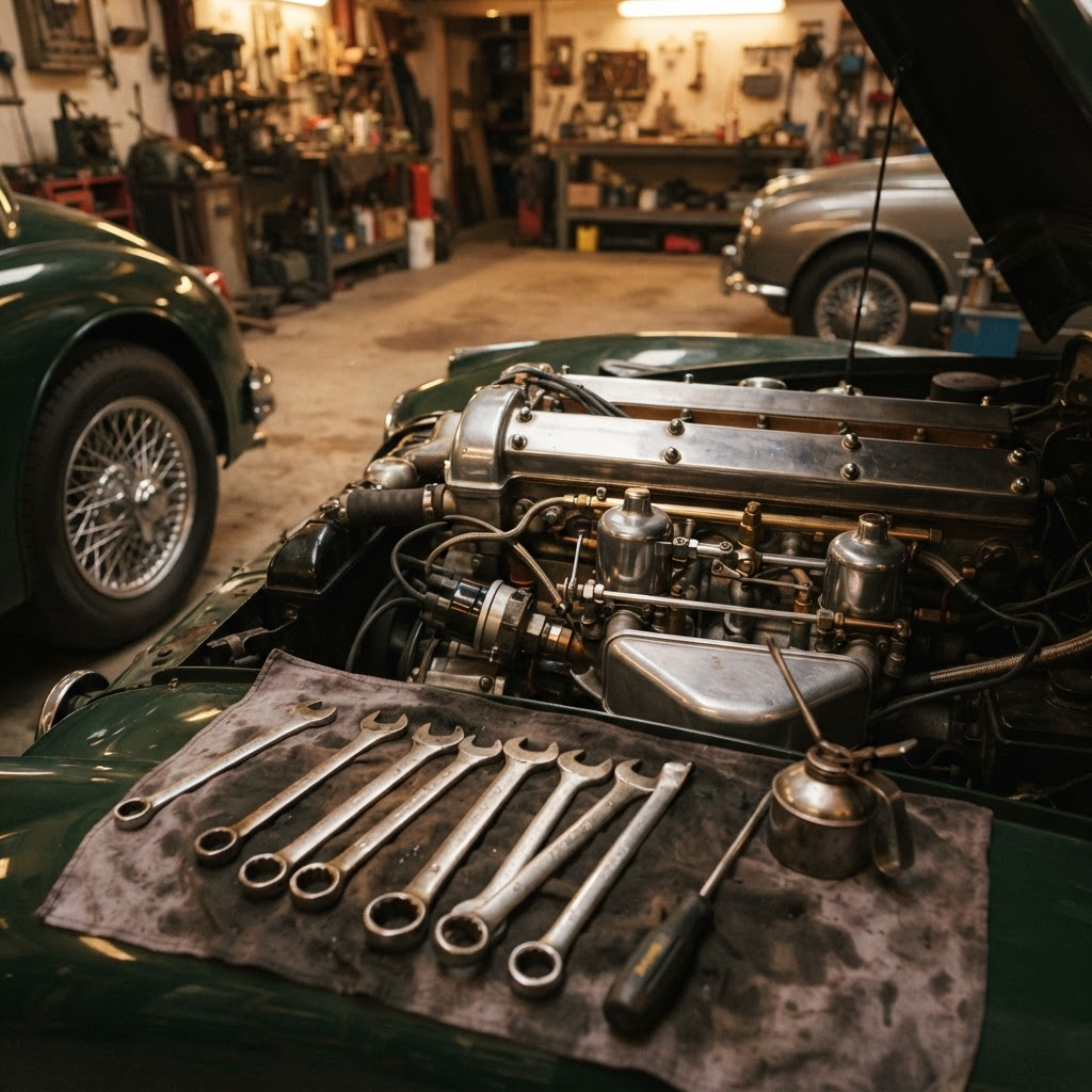 Close-up detail of a vintage car engine bay being serviced, with chrome fittings and tools laid out